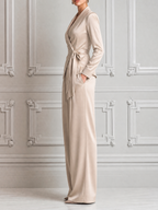 Champagne Fall Fashion Wrap Tie Waist Blazer & Wide Leg Pants Suit Set