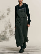 Vintage Washed Dark Green Overall Midi Dress, Utility Sleeveless Pinafore Dress