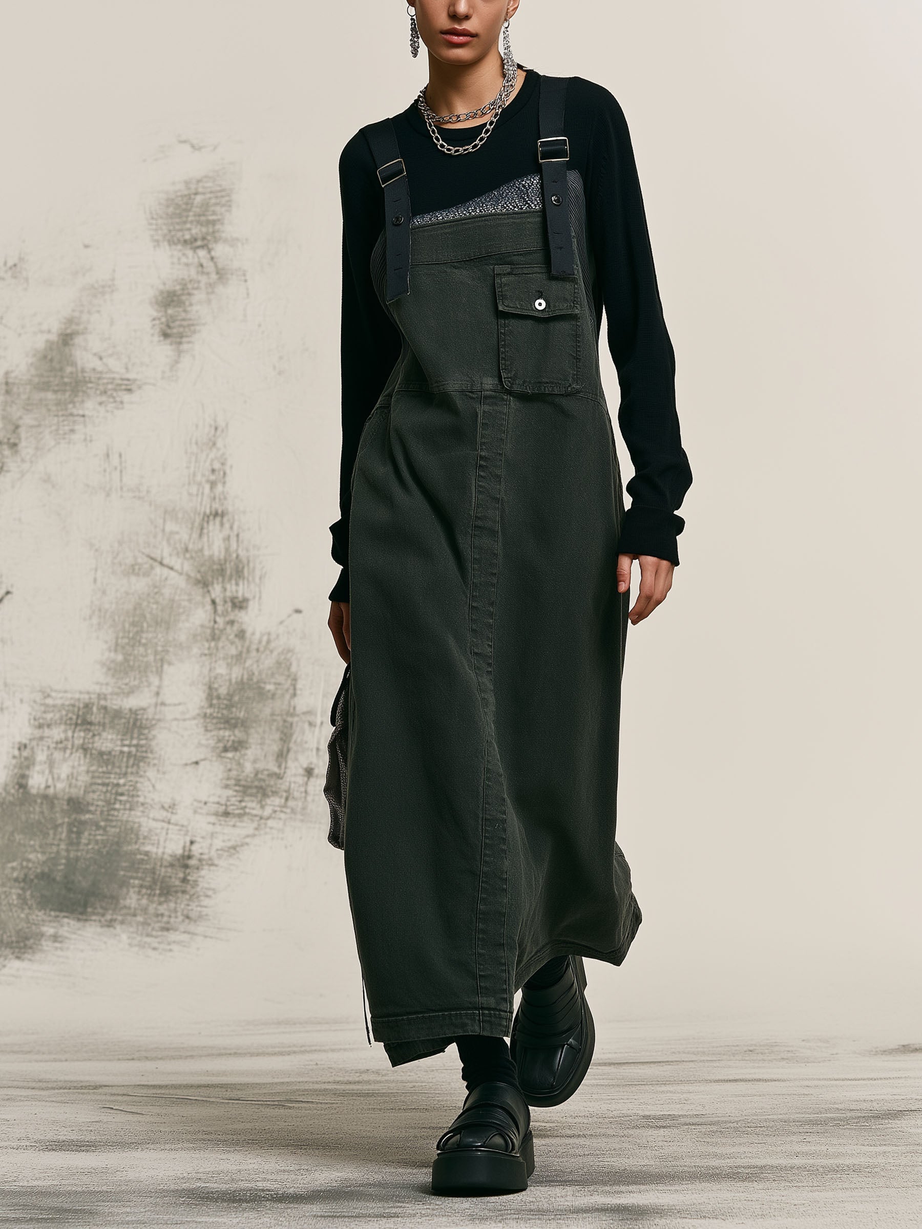 Vintage Washed Dark Green Overall Midi Dress, Utility Sleeveless Pinafore Dress