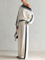 Women’s Off-Shoulder Striped Lounge Set – Relaxed Long Sleeve Top & Wide-Leg Pants