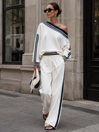 Women’s Off-Shoulder Striped Lounge Set – Relaxed Long Sleeve Top & Wide-Leg Pants