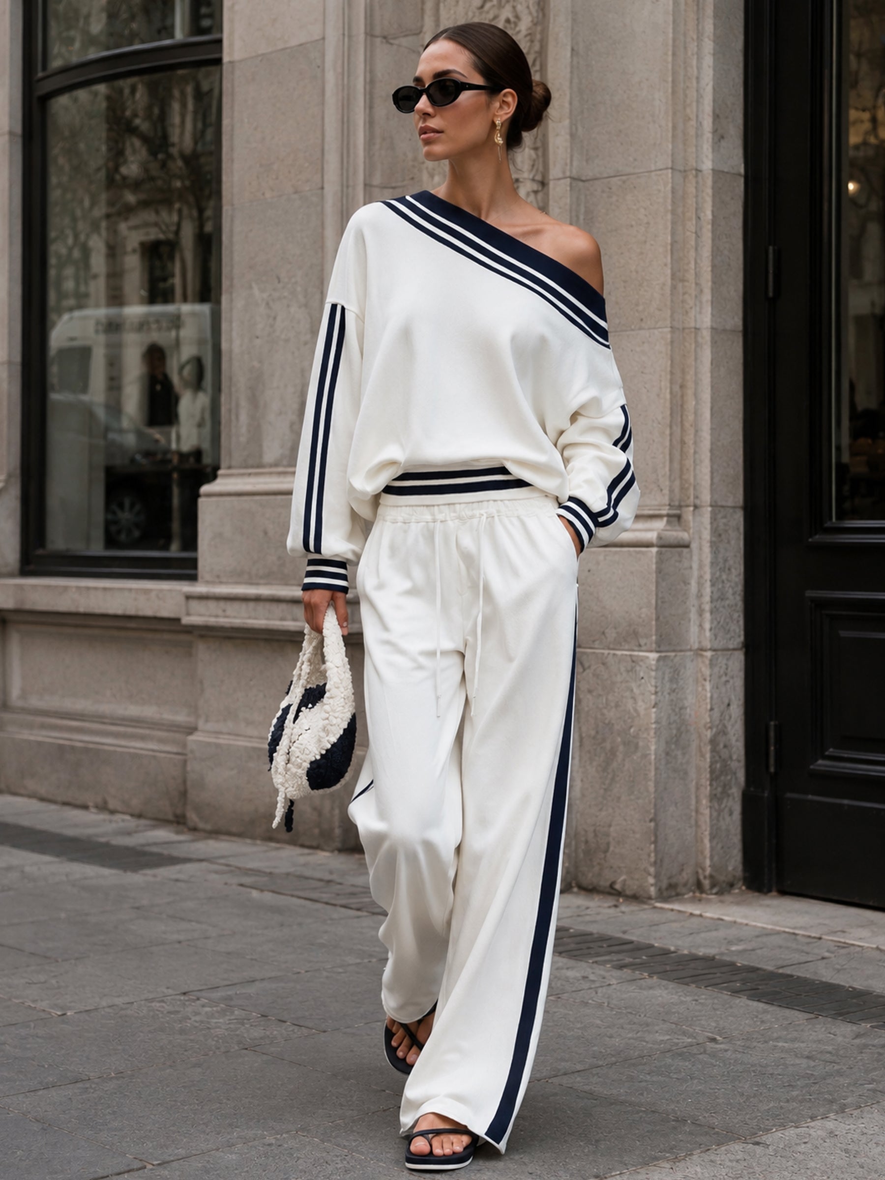 Women’s Off-Shoulder Striped Lounge Set – Relaxed Long Sleeve Top & Wide-Leg Pants