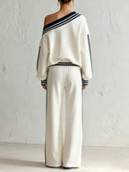 Women’s Off-Shoulder Striped Lounge Set – Relaxed Long Sleeve Top & Wide-Leg Pants
