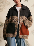 Color Block Leopard Knit Zip Jacket, Oversized Lapel Knitted Cardigan