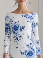 Elegant Blue Floral Print Long Sleeve Mermaid Midi Dress
