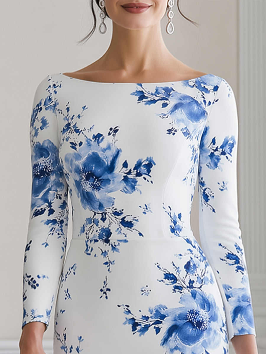 Elegant Blue Floral Print Long Sleeve Mermaid Midi Dress