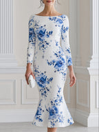Elegant Blue Floral Print Long Sleeve Mermaid Midi Dress