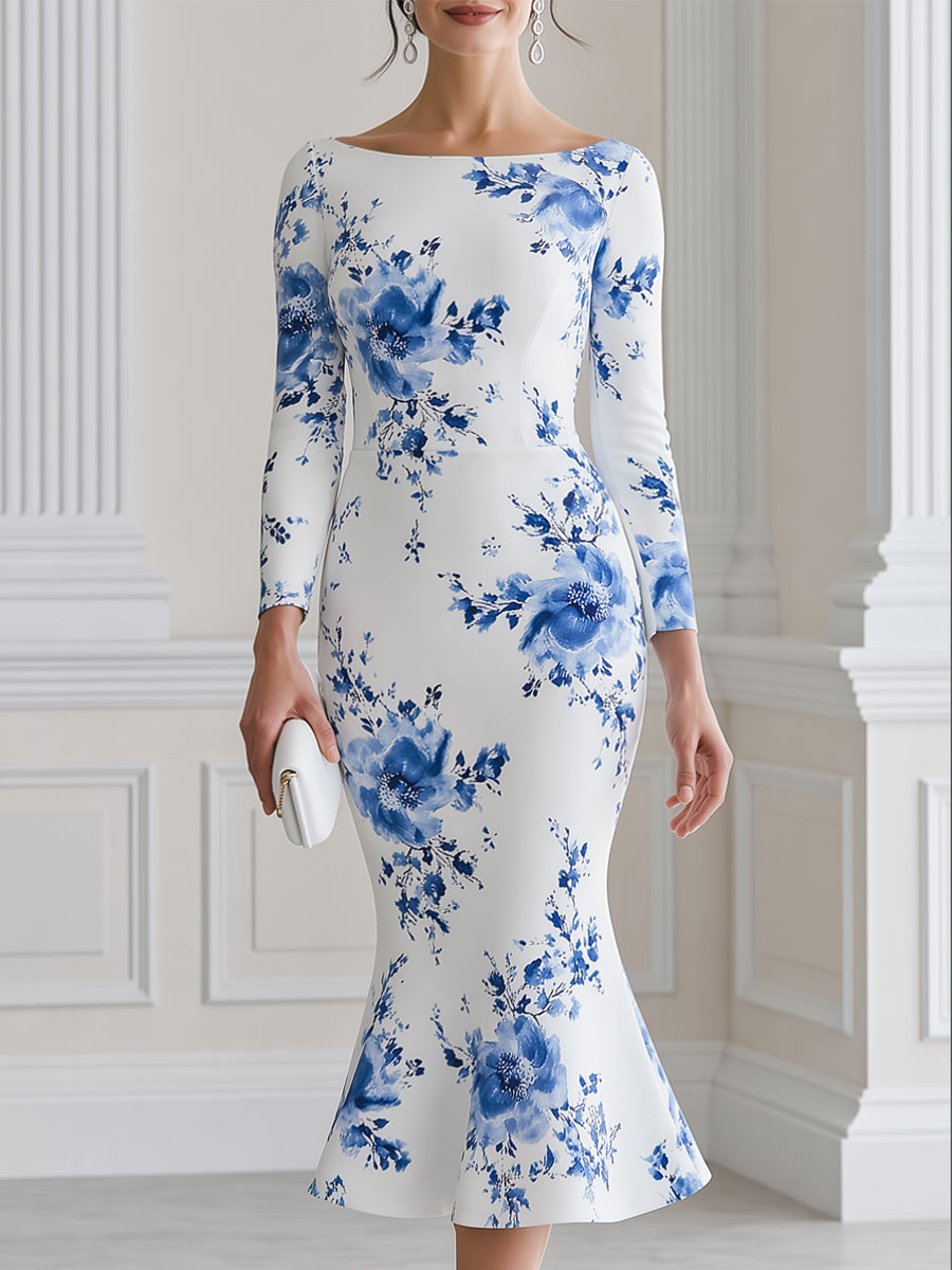 Elegant Blue Floral Print Long Sleeve Mermaid Midi Dress