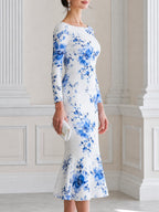 Elegant Blue Floral Print Long Sleeve Mermaid Midi Dress