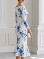 Elegant Blue Floral Print Long Sleeve Mermaid Midi Dress