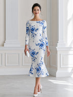 Elegant Blue Floral Print Long Sleeve Mermaid Midi Dress