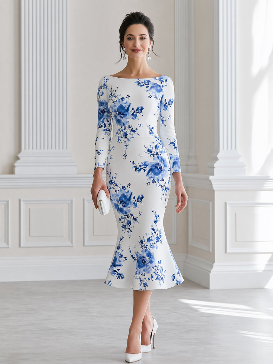 Elegant Blue Floral Print Long Sleeve Mermaid Midi Dress
