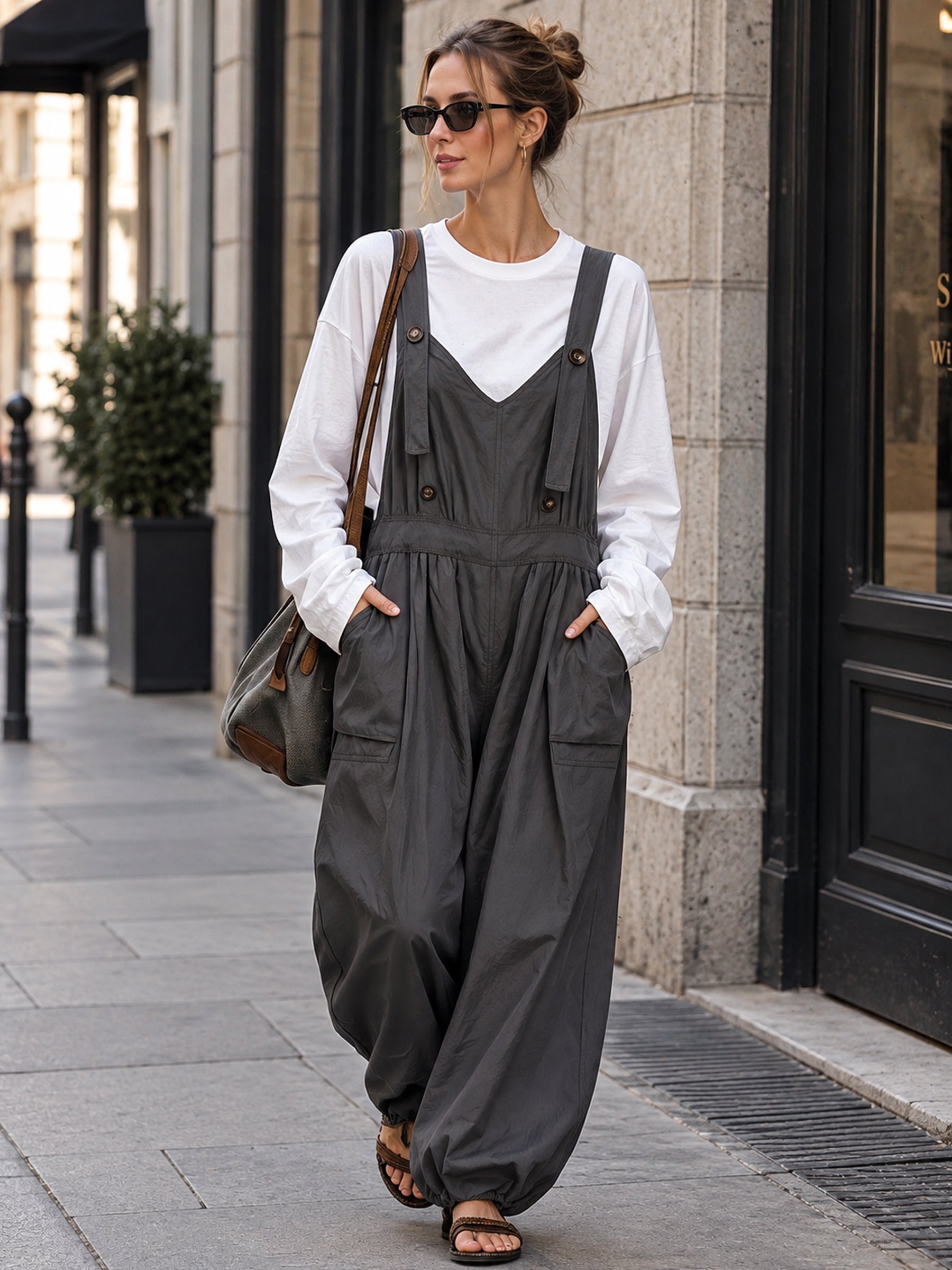 Women’s Casual Utility Overalls With Inner Top – Loose Wide-Leg Cargo Jumpsuit With Adjustable Straps