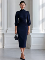 Elegant Mock Neck Ruched Waist Puff Sleeve Midi Dress