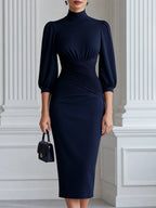 Elegant Mock Neck Ruched Waist Puff Sleeve Midi Dress