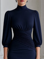 Elegant Mock Neck Ruched Waist Puff Sleeve Midi Dress