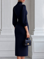 Elegant Mock Neck Ruched Waist Puff Sleeve Midi Dress