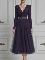 Purple Fall Wedding Guest Dress Glitter Tulle Wrap A-Line Midi Dress