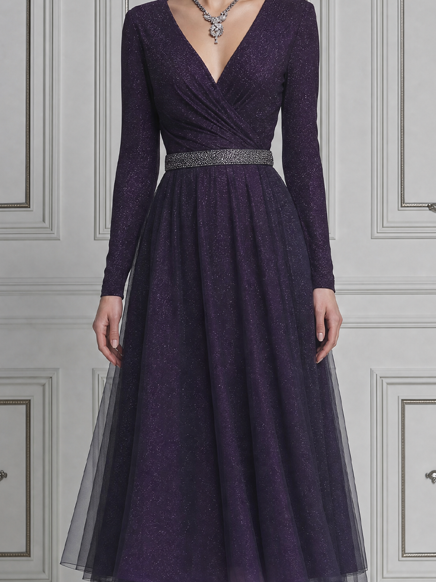 Purple Fall Wedding Guest Dress Glitter Tulle Wrap A-Line Midi Dress