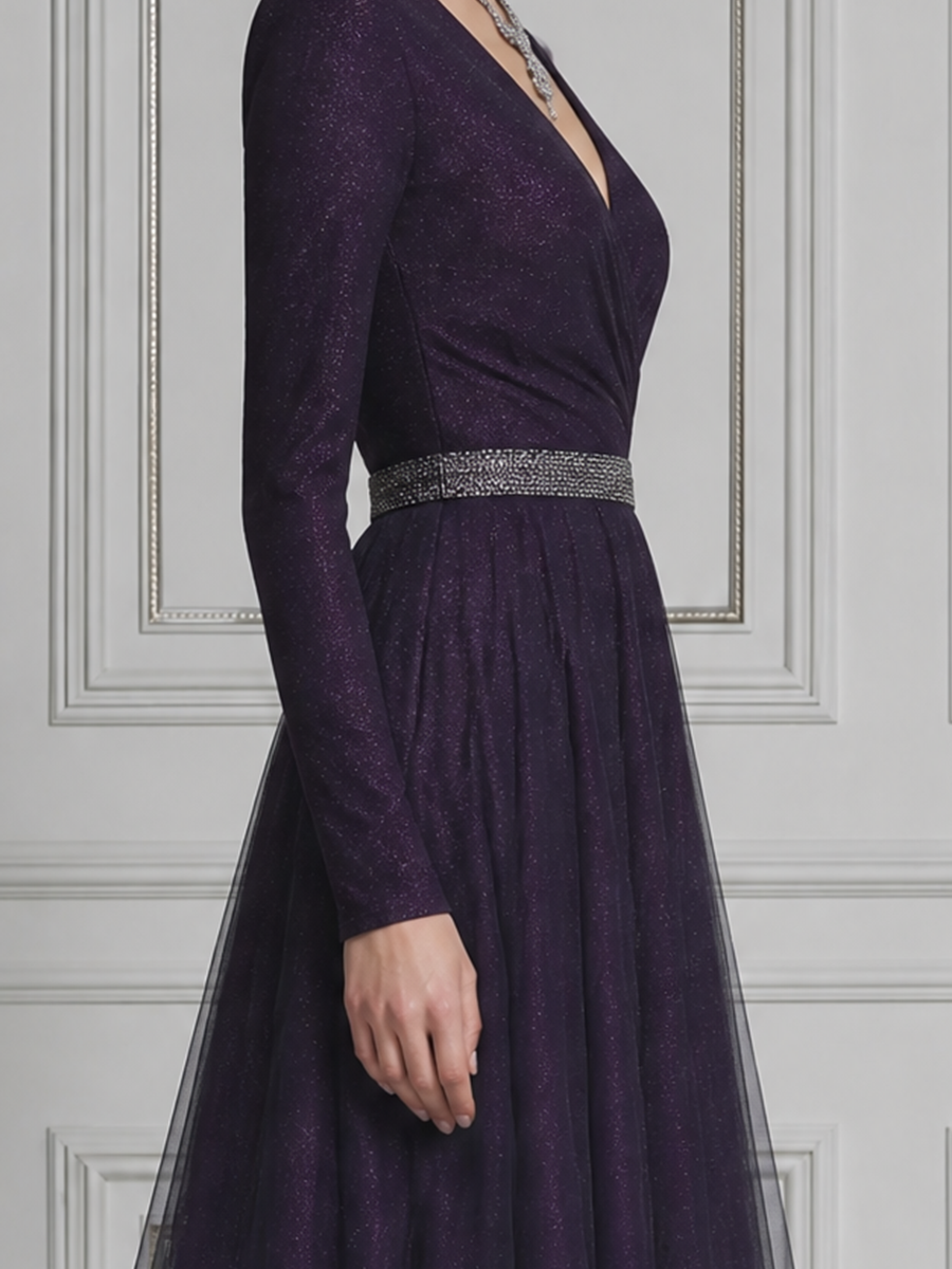 Purple Fall Wedding Guest Dress Glitter Tulle Wrap A-Line Midi Dress