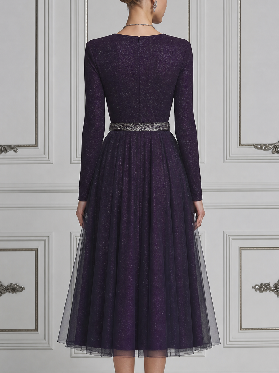 Purple Fall Wedding Guest Dress Glitter Tulle Wrap A-Line Midi Dress
