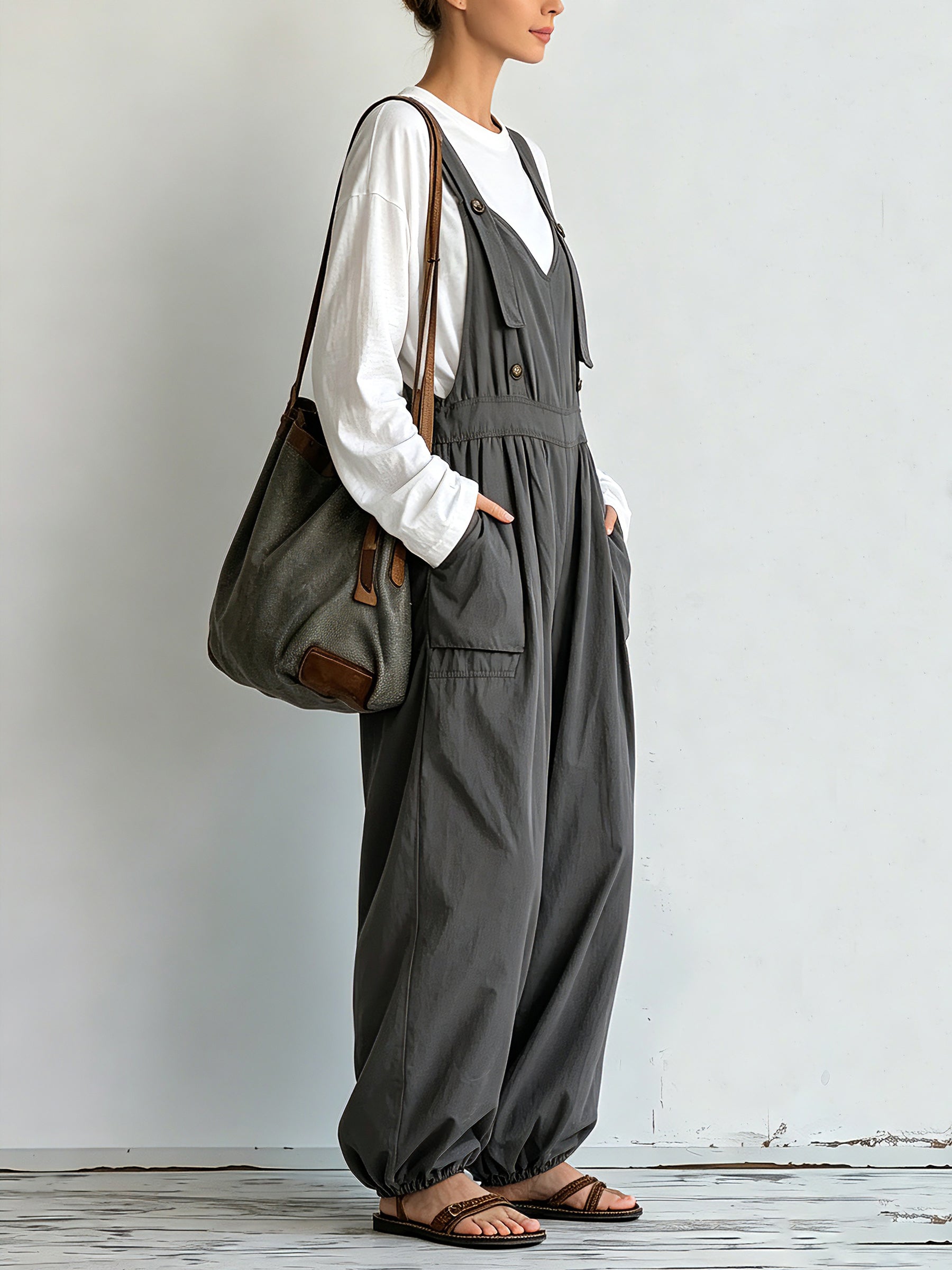 Women’s Casual Utility Overalls With Inner Top – Loose Wide-Leg Cargo Jumpsuit With Adjustable Straps
