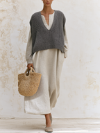 Grey Knit Vest & Linen Split‑Neck Maxi Dress Two‑Piece Set