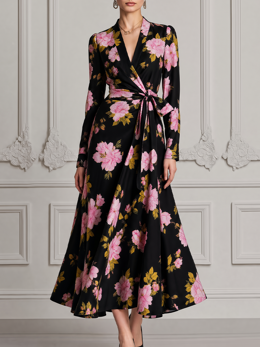 Black Fall Wedding Guest Dress Pink Peony Print Wrap A-Line Midi Dress