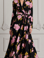 Black Fall Wedding Guest Dress Pink Peony Print Wrap A-Line Midi Dress