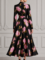 Black Fall Wedding Guest Dress Pink Peony Print Wrap A-Line Midi Dress