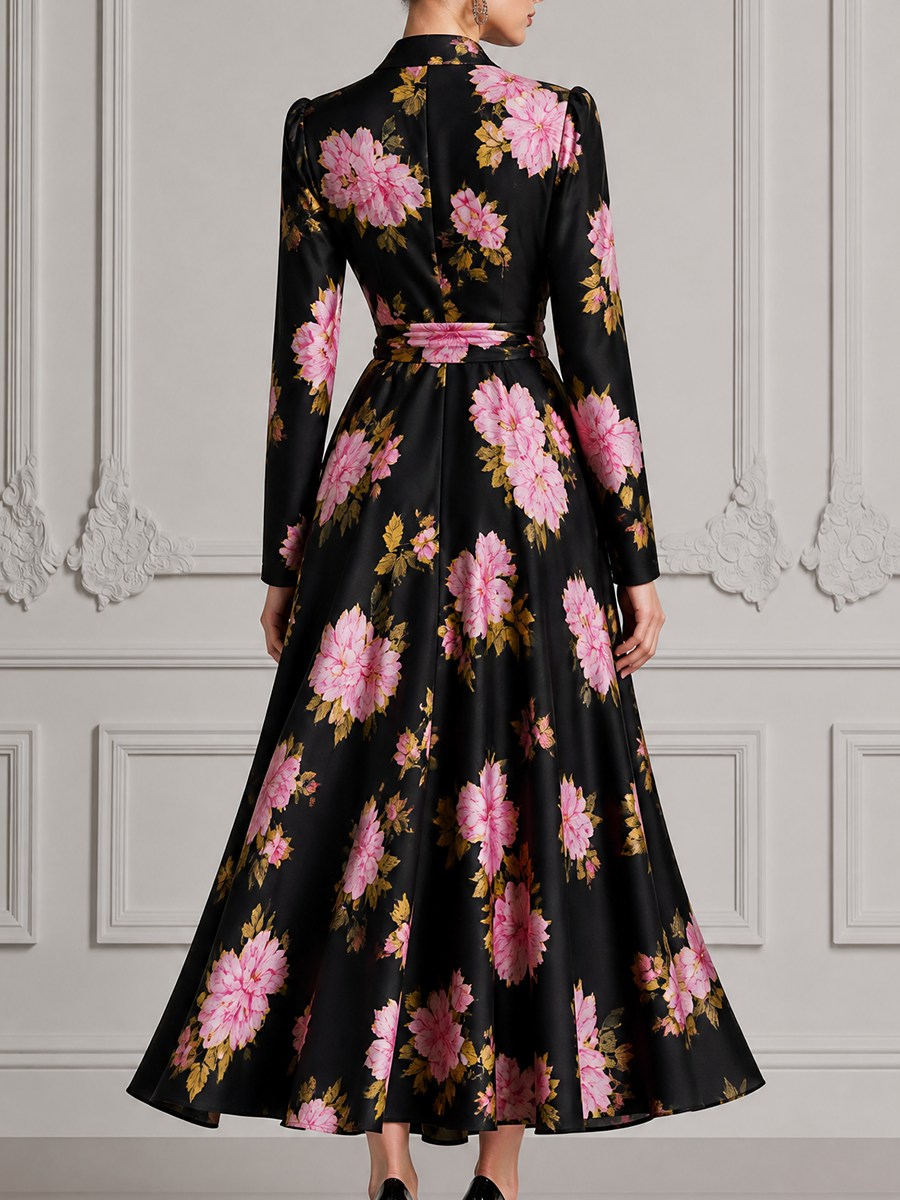 Black Fall Wedding Guest Dress Pink Peony Print Wrap A-Line Midi Dress