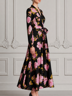 Black Fall Wedding Guest Dress Pink Peony Print Wrap A-Line Midi Dress