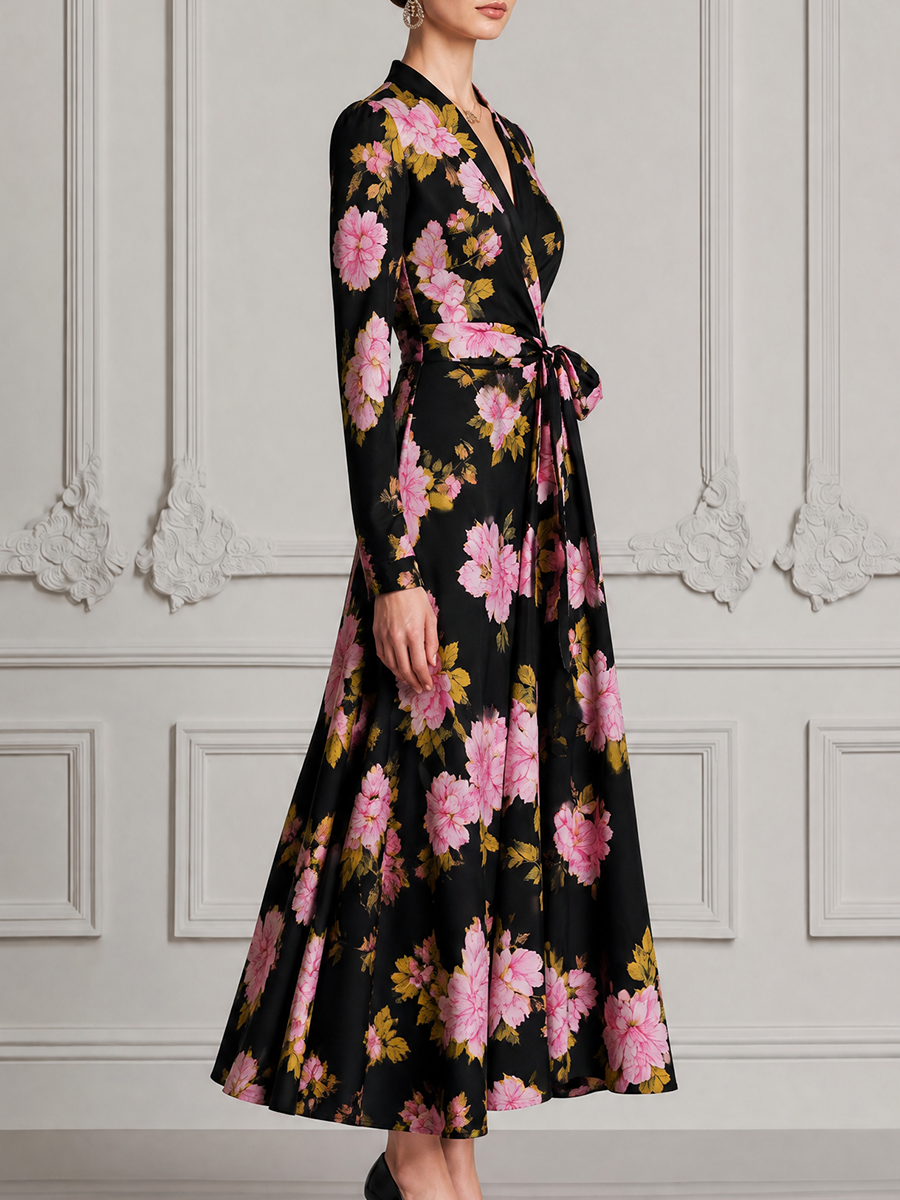Black Fall Wedding Guest Dress Pink Peony Print Wrap A-Line Midi Dress