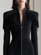 Fringe Shoulder Zip-Front Long Sleeve Bodycon Midi Dress