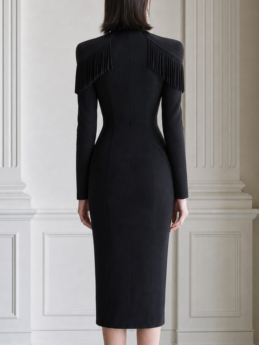 Fringe Shoulder Zip-Front Long Sleeve Bodycon Midi Dress