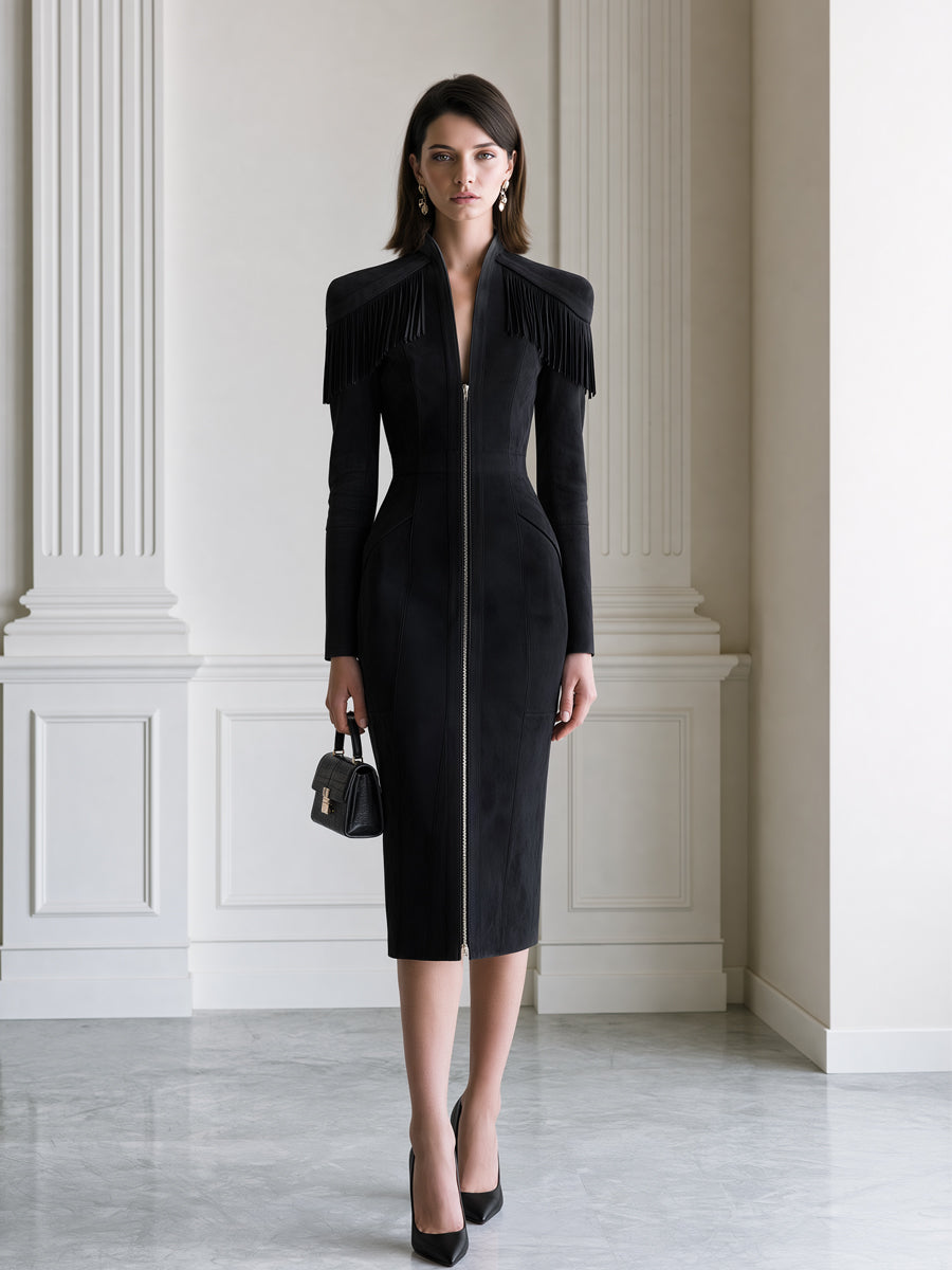 Fringe Shoulder Zip-Front Long Sleeve Bodycon Midi Dress