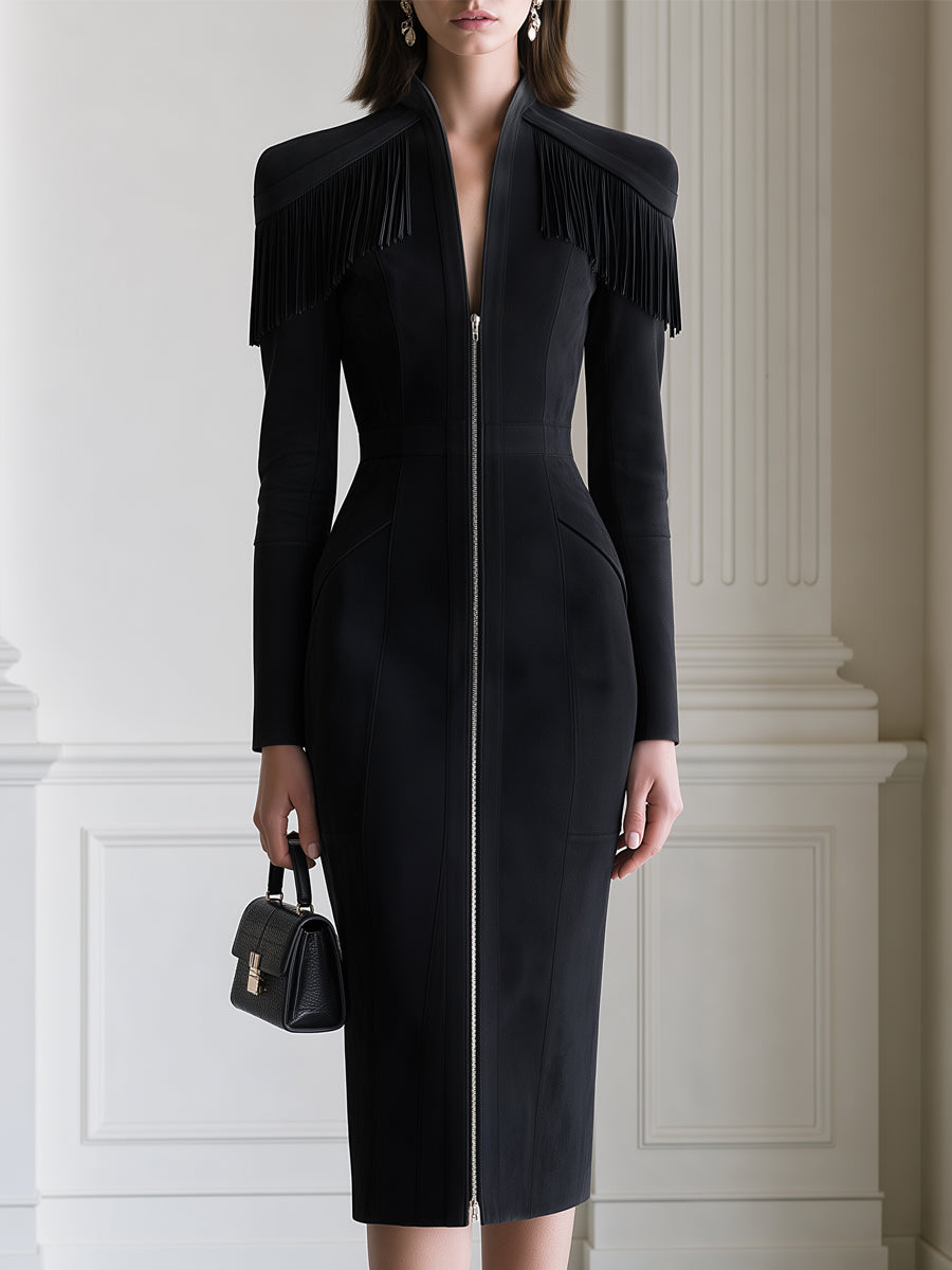 Fringe Shoulder Zip-Front Long Sleeve Bodycon Midi Dress