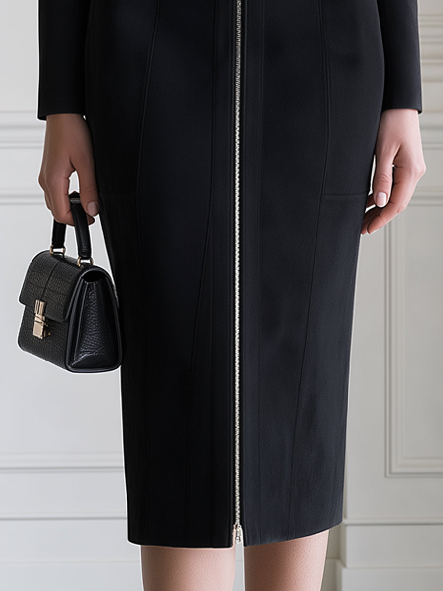 Fringe Shoulder Zip-Front Long Sleeve Bodycon Midi Dress