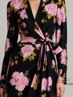 Black Fall Wedding Guest Dress Pink Peony Print Wrap A-Line Midi Dress