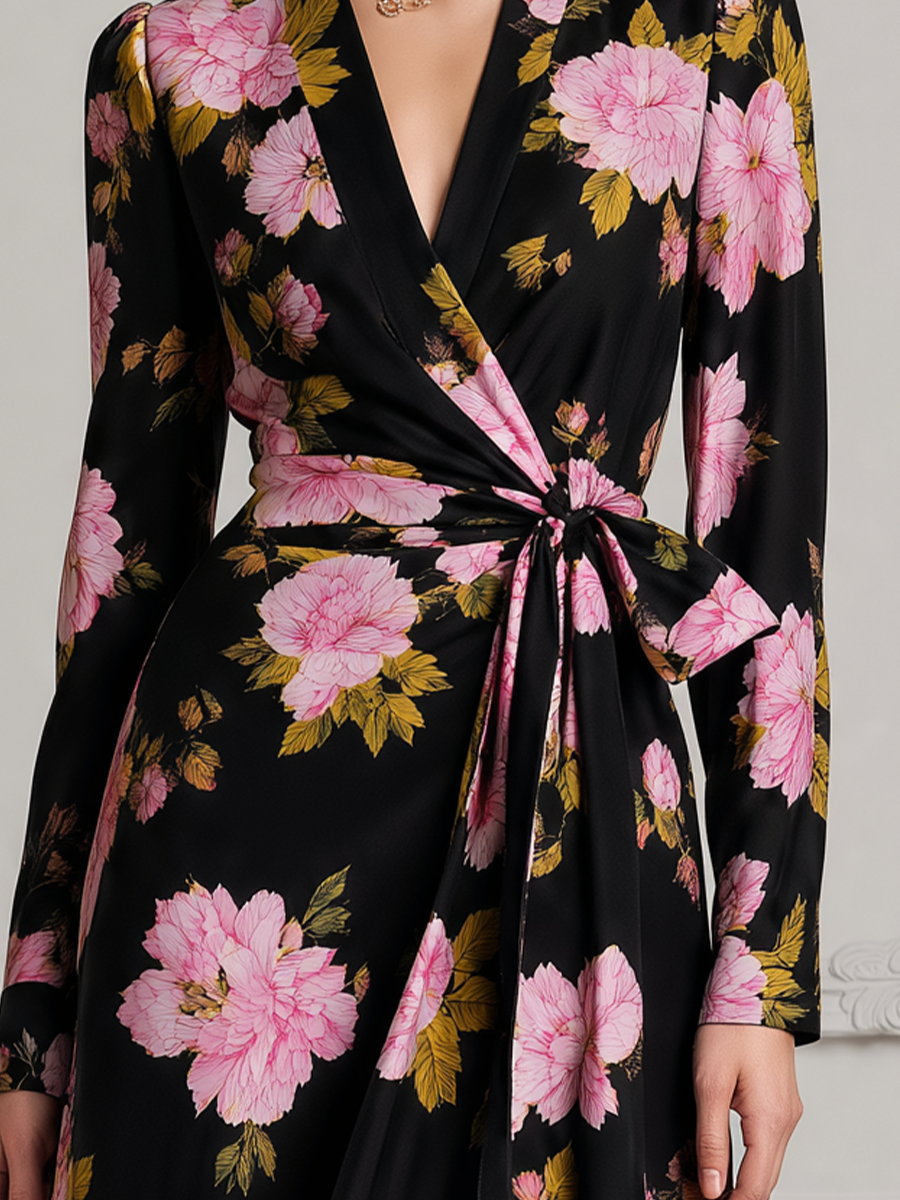 Black Fall Wedding Guest Dress Pink Peony Print Wrap A-Line Midi Dress