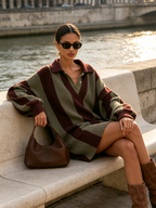 Oversized Vertical Stripe Polo Collar Knit Mini Tunic Dress