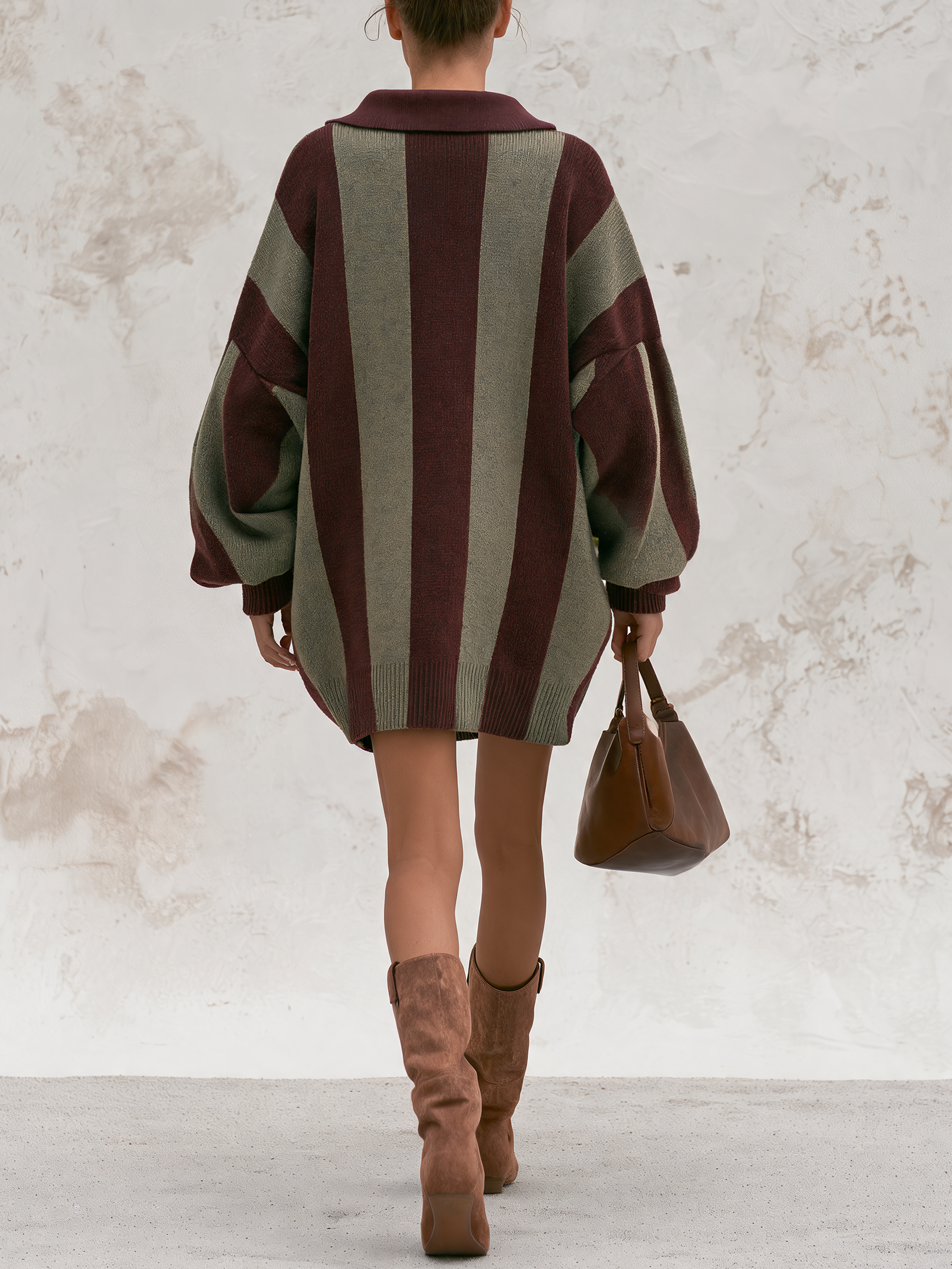 Oversized Vertical Stripe Polo Collar Knit Mini Tunic Dress