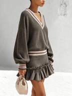 Women’s Striped V-Neck Knit Sweater & Ruffle Mini Skirt Set – Relaxed Two-Piece Outfit
