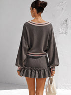 Women’s Striped V-Neck Knit Sweater & Ruffle Mini Skirt Set – Relaxed Two-Piece Outfit