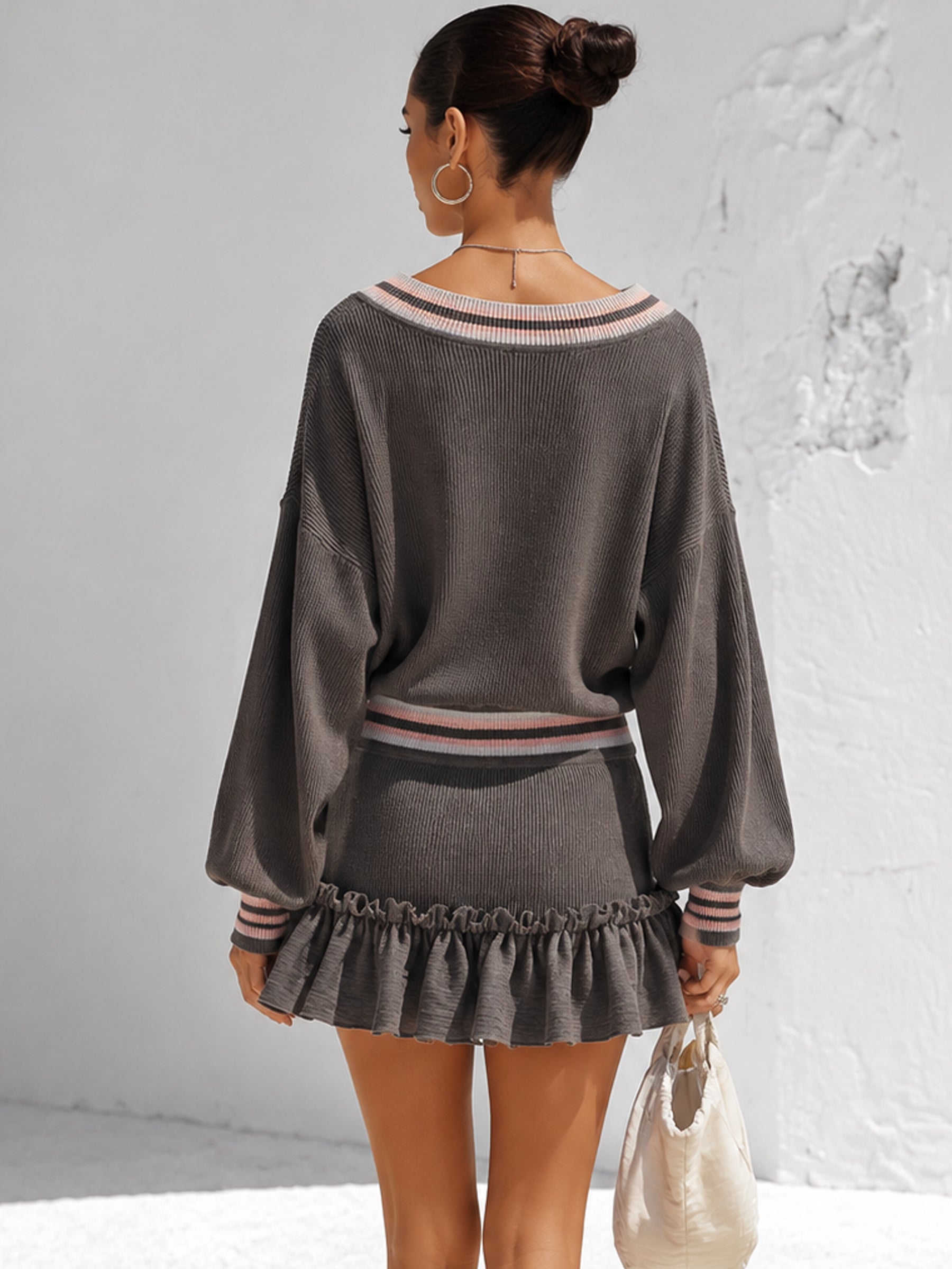 Women’s Striped V-Neck Knit Sweater & Ruffle Mini Skirt Set – Relaxed Two-Piece Outfit