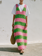 Pink Green Striped Fuzzy Knit V-Neck Midi Tank Dress