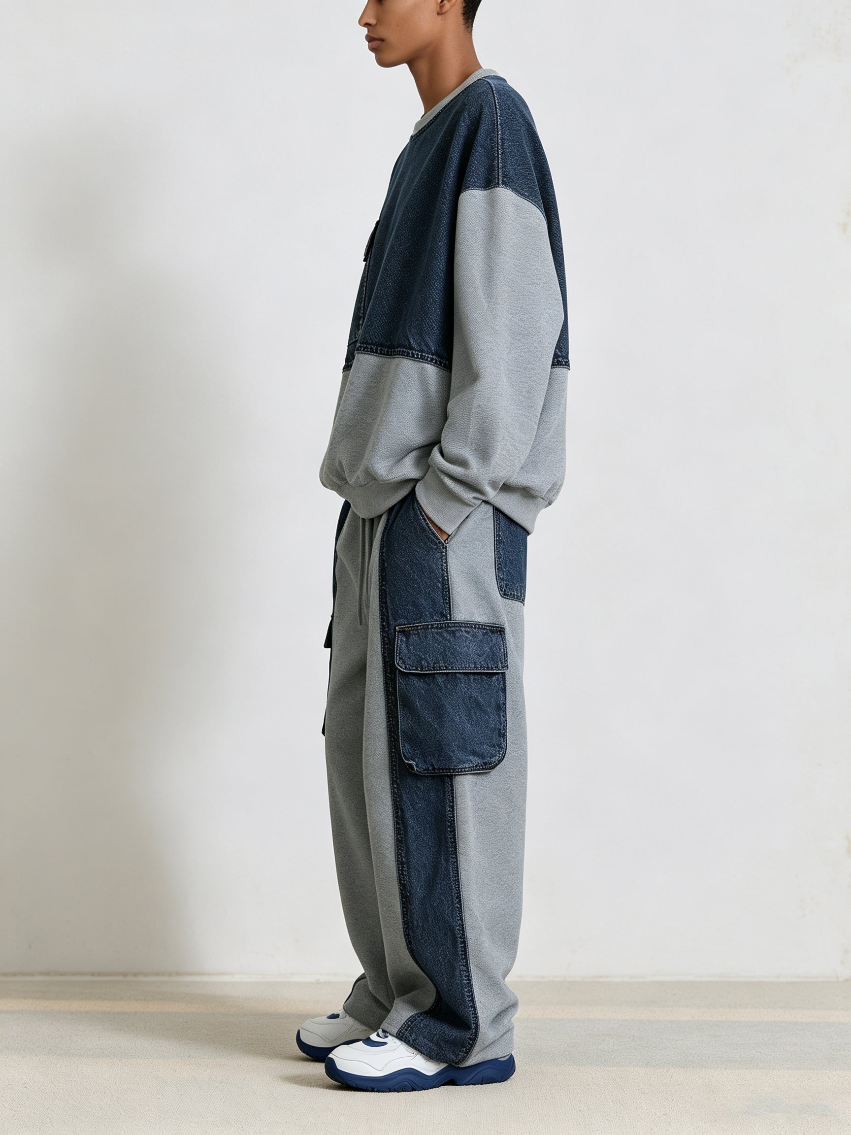 Women’s Denim Contrast Cargo Set – Oversized Sweatshirt & Utility Pants Co-Ord
