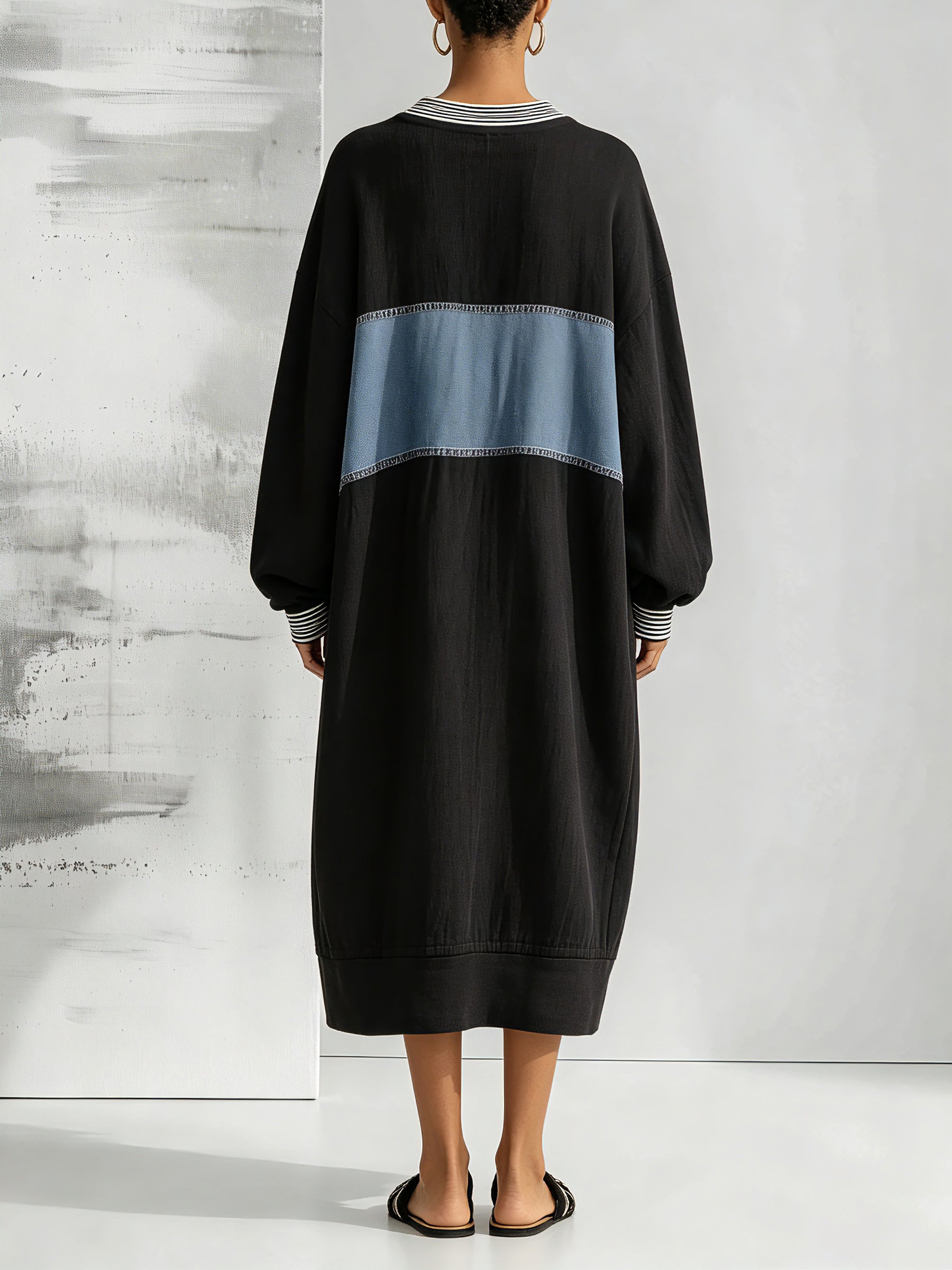 Women’s Color Block Midi Sweatshirt Dress – Loose Fit Long Sleeve Casual Dress
