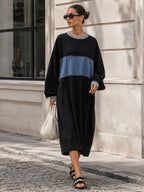 Women’s Color Block Midi Sweatshirt Dress – Loose Fit Long Sleeve Casual Dress
