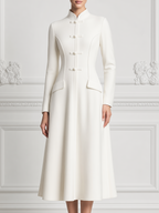 White Dress Stand Collar Frog Button A-Line Midi Dress